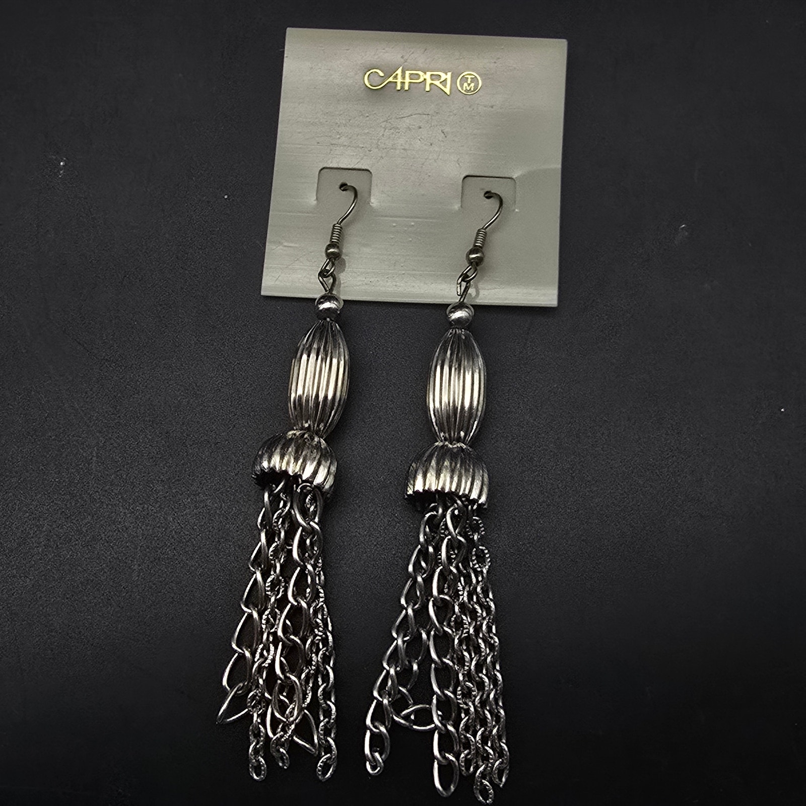 Capri Brand Silver Tone Chained Tassel Earrings Vintage Jewelry